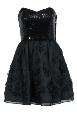 Betsey Johnson - Black Strapless Fit & Flare Dress w/ Sequin Bodice & Floral Appliques Sz 6