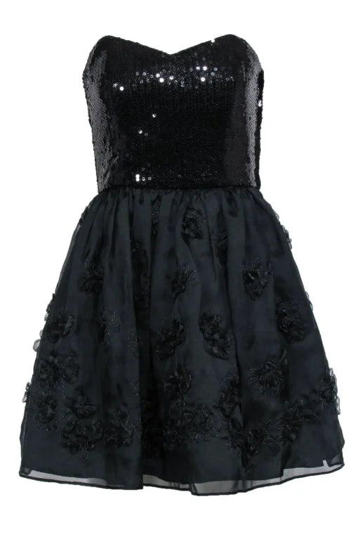Betsey Johnson - Black Strapless Fit & Flare Dress w/ Sequin Bodice & Floral Appliques Sz 6