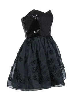 Betsey Johnson - Black Strapless Fit & Flare Dress w/ Sequin Bodice & Floral Appliques Sz 6