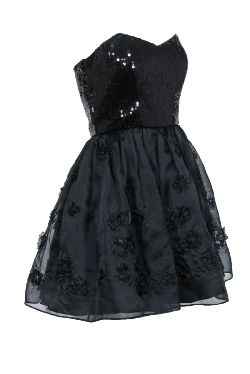 Betsey Johnson - Black Strapless Fit & Flare Dress w/ Sequin Bodice & Floral Appliques Sz 6