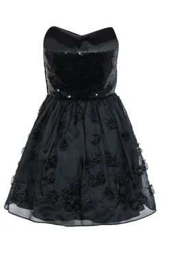 Betsey Johnson - Black Strapless Fit & Flare Dress w/ Sequin Bodice & Floral Appliques Sz 6