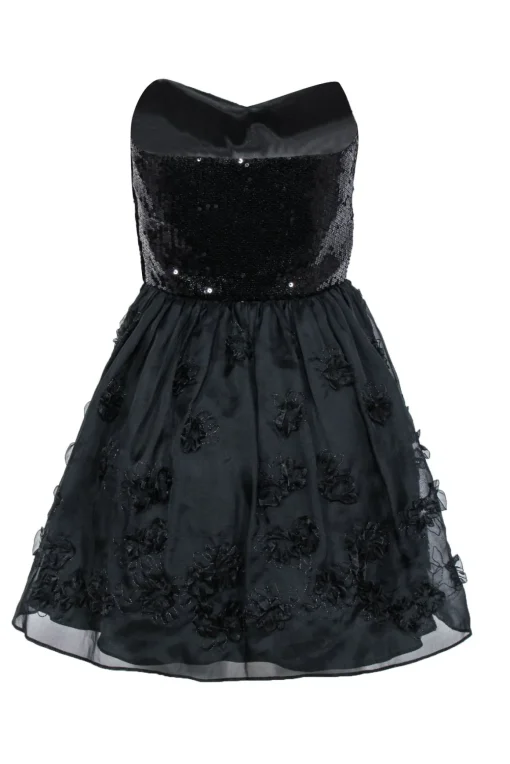 Betsey Johnson - Black Strapless Fit & Flare Dress w/ Sequin Bodice & Floral Appliques Sz 6
