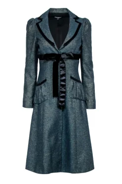 Betsey Johnson - Green Lurex Coat w/ Velvet Trimming Sz 6
