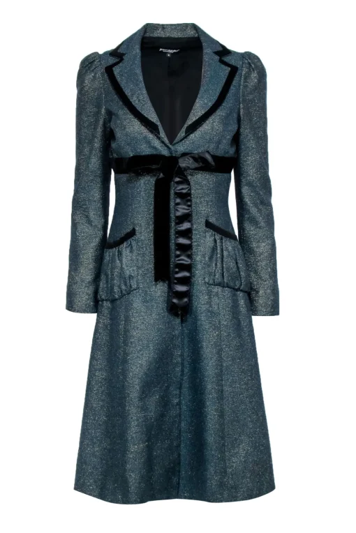 Betsey Johnson - Green Lurex Coat w/ Velvet Trimming Sz 6