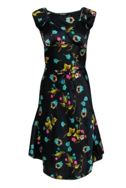 Betsy Johnson - Black w/ Pink & Green Floral Fruit Print Silk Dress Sz 4