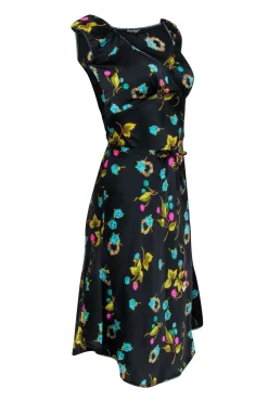 Betsy Johnson - Black w/ Pink & Green Floral Fruit Print Silk Dress Sz 4