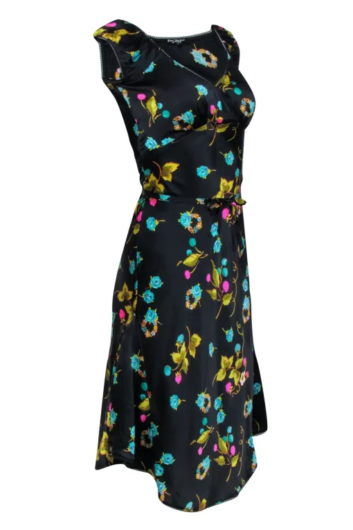 Betsy Johnson - Black w/ Pink & Green Floral Fruit Print Silk Dress Sz 4