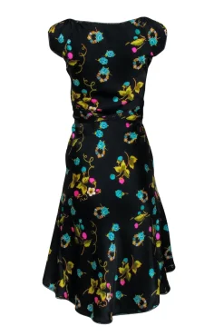 Betsy Johnson - Black w/ Pink & Green Floral Fruit Print Silk Dress Sz 4