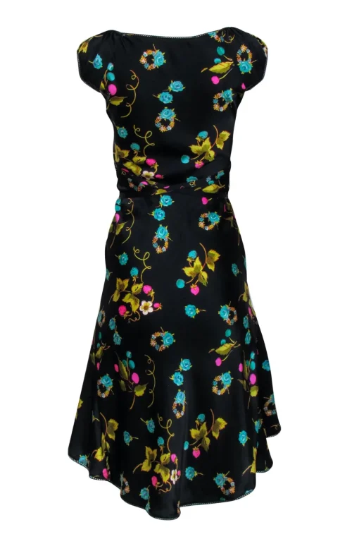 Betsy Johnson - Black w/ Pink & Green Floral Fruit Print Silk Dress Sz 4