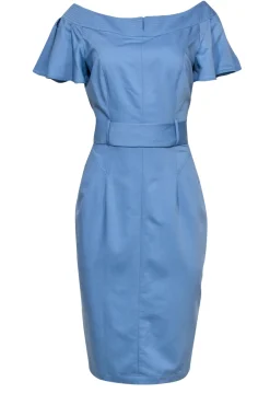 BGL - Sky Blue Ruffled Sleeve Sheath Dress w/ Belt Sz 8