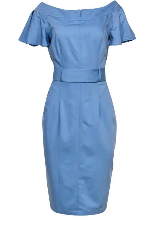 BGL - Sky Blue Ruffled Sleeve Sheath Dress w/ Belt Sz 8