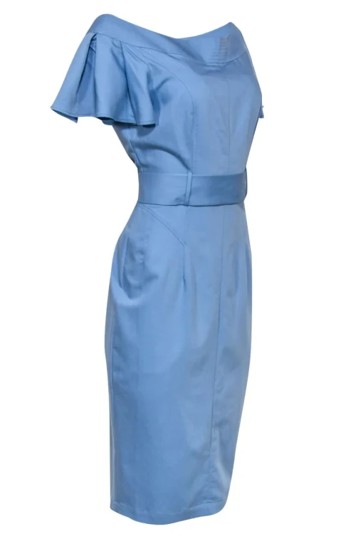 BGL - Sky Blue Ruffled Sleeve Sheath Dress w/ Belt Sz 8