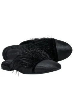 Birdie - Black Flat Mule Shoes w/ Feather Trim Sz 6