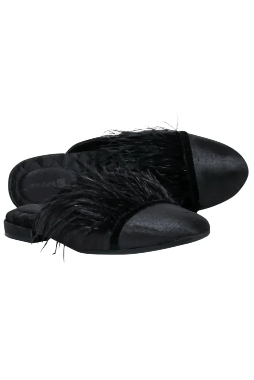 Birdie - Black Flat Mule Shoes w/ Feather Trim Sz 6