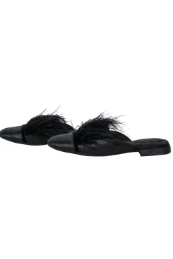Birdie - Black Flat Mule Shoes w/ Feather Trim Sz 6