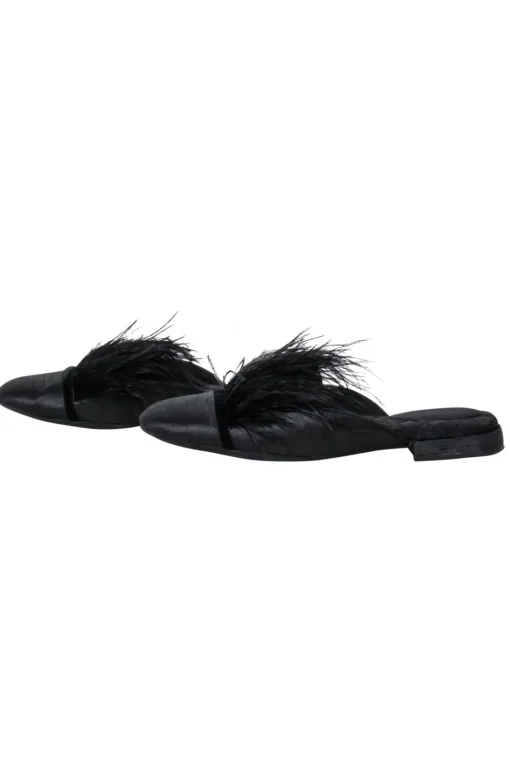 Birdie - Black Flat Mule Shoes w/ Feather Trim Sz 6
