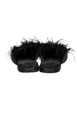 Birdie - Black Flat Mule Shoes w/ Feather Trim Sz 6