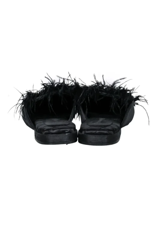 Birdie - Black Flat Mule Shoes w/ Feather Trim Sz 6