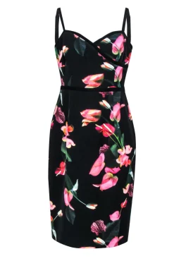 Black Halo - Black & Pink Floral Print Dress w/ Piping Sz 12