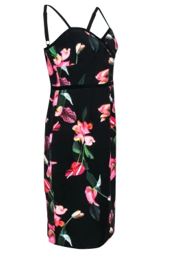 Black Halo - Black & Pink Floral Print Dress w/ Piping Sz 12