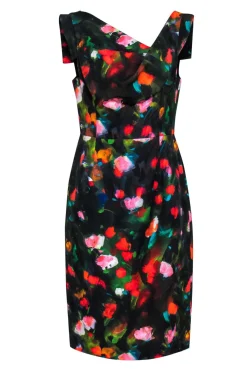 Black Halo - Black Painted Abstract Floral Draped Sheath Dress Sz 12