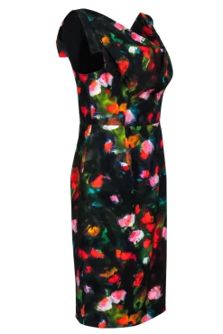 Black Halo - Black Painted Abstract Floral Draped Sheath Dress Sz 12