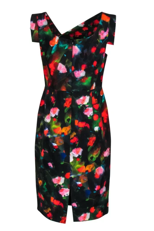 Black Halo - Black Painted Abstract Floral Draped Sheath Dress Sz 12