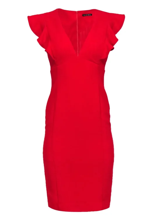 Black Halo - Red Knee Length Fitted Sheath Dress w/ Shoulder Ruffle Sz 4