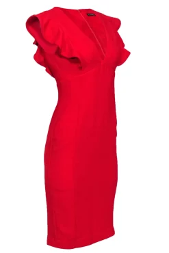 Black Halo - Red Knee Length Fitted Sheath Dress w/ Shoulder Ruffle Sz 4