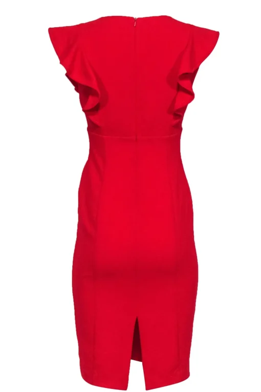 Black Halo - Red Knee Length Fitted Sheath Dress w/ Shoulder Ruffle Sz 4