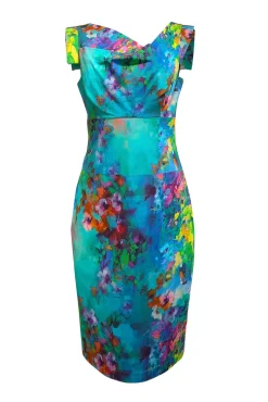 Black Halo - Teal Green & Blue w/ Multi Color Print Sleeveless Dress Sz 8