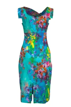 Black Halo - Teal Green & Blue w/ Multi Color Print Sleeveless Dress Sz 8