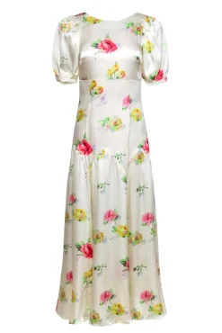 Black Iris - Ivory w/ Multi Color Floral Print Hammered Silk Dress Sz 2