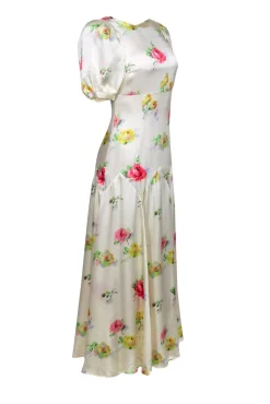 Black Iris - Ivory w/ Multi Color Floral Print Hammered Silk Dress Sz 2