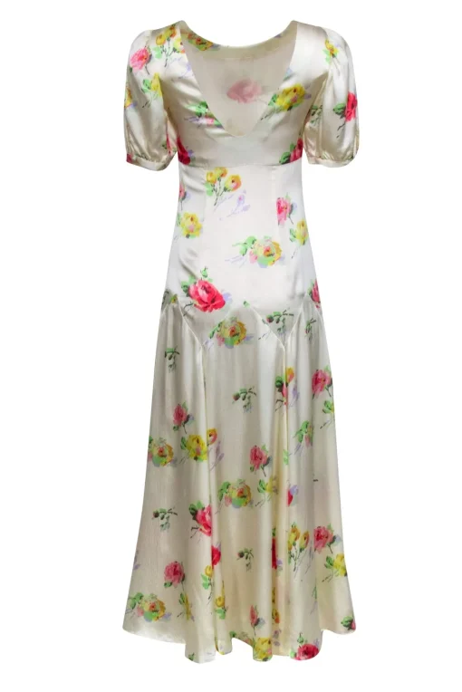 Black Iris - Ivory w/ Multi Color Floral Print Hammered Silk Dress Sz 2
