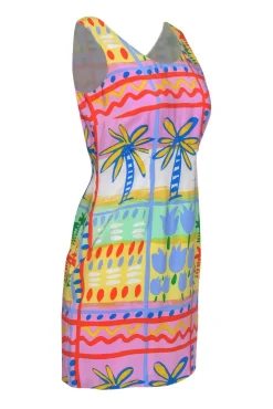 Bloomingdale's - Purple, Blue & Yellow Tropical Print Silk Dress Sz 6P