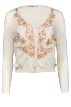 Bluemarine - Cream w/ Pink Floral Embroidery & Pearl Detailed Cardigan Sz S