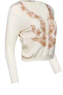 Bluemarine - Cream w/ Pink Floral Embroidery & Pearl Detailed Cardigan Sz S