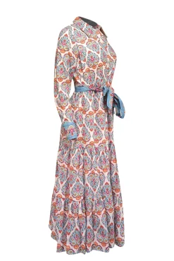 Boden - White w/ Pink & Blue Paisley Print Cotton Midi Dress Sz 4