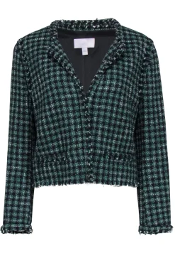 BOSS Hugo Boss - Black & Green Cotton Blend Cropped Plaid Tweed Jacket Sz 10