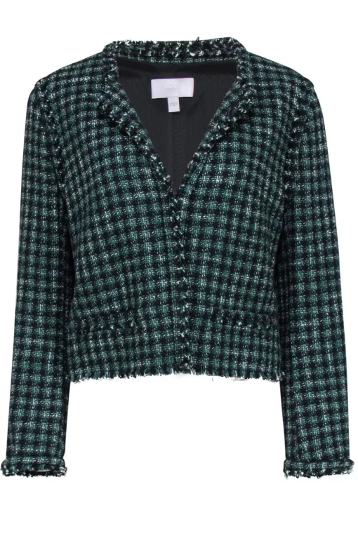 BOSS Hugo Boss - Black & Green Cotton Blend Cropped Plaid Tweed Jacket Sz 10