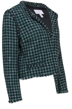 BOSS Hugo Boss - Black & Green Cotton Blend Cropped Plaid Tweed Jacket Sz 10