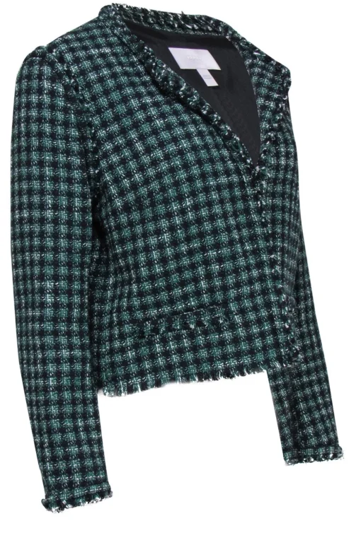 BOSS Hugo Boss - Black & Green Cotton Blend Cropped Plaid Tweed Jacket Sz 10