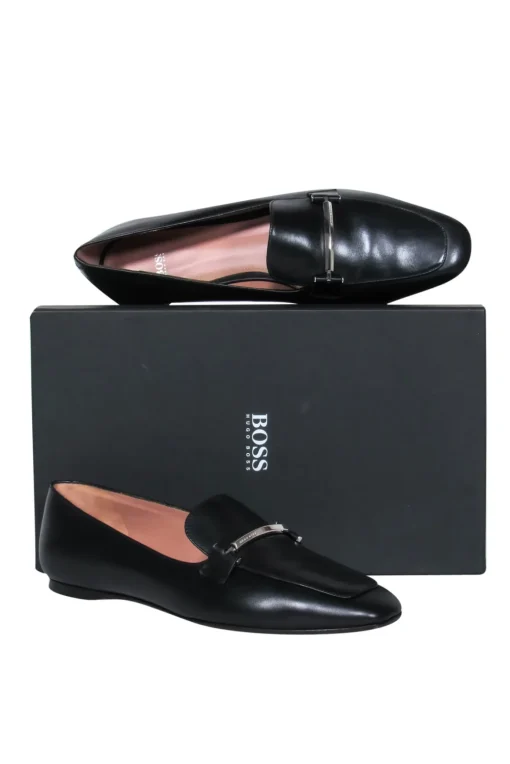 BOSS Hugo Boss - Black Leather Loafer w/ Silver-Toned Bar Sz 11