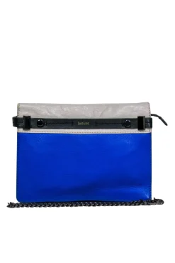 Botkier - Blue, Black & Cream Colorblocked Pebbled Leather Handbag w/ Chain Strap