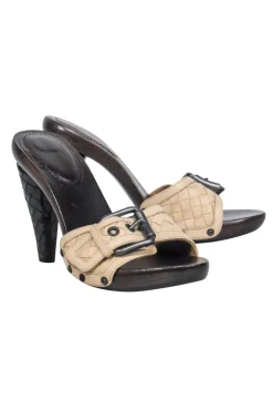 Bottega Veneta - Beige Woven Leather Mule Pumps w/ Buckles Sz 7.5