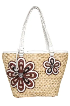 Brighton - Beige Straw Tote Bag w/ Leather Flowers