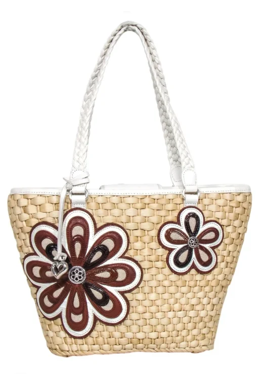 Brighton - Beige Straw Tote Bag w/ Leather Flowers