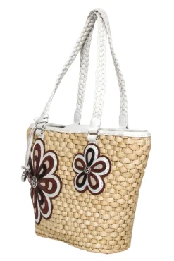 Brighton - Beige Straw Tote Bag w/ Leather Flowers