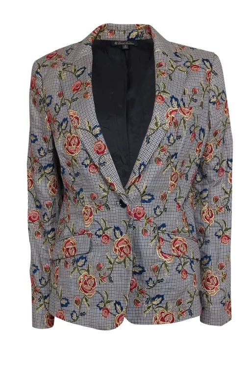 Brooks Brothers - Brown, Black & Blue Houndstooth w/ Red Embroidered Roses Blazer Sz 12